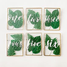 Load image into Gallery viewer, Tropical Gold Wedding Table Number Floating Frame with Leaf