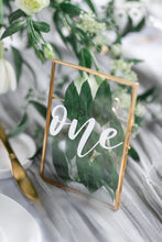 Load image into Gallery viewer, Tropical Gold Wedding Table Number Floating Frame with Leaf
