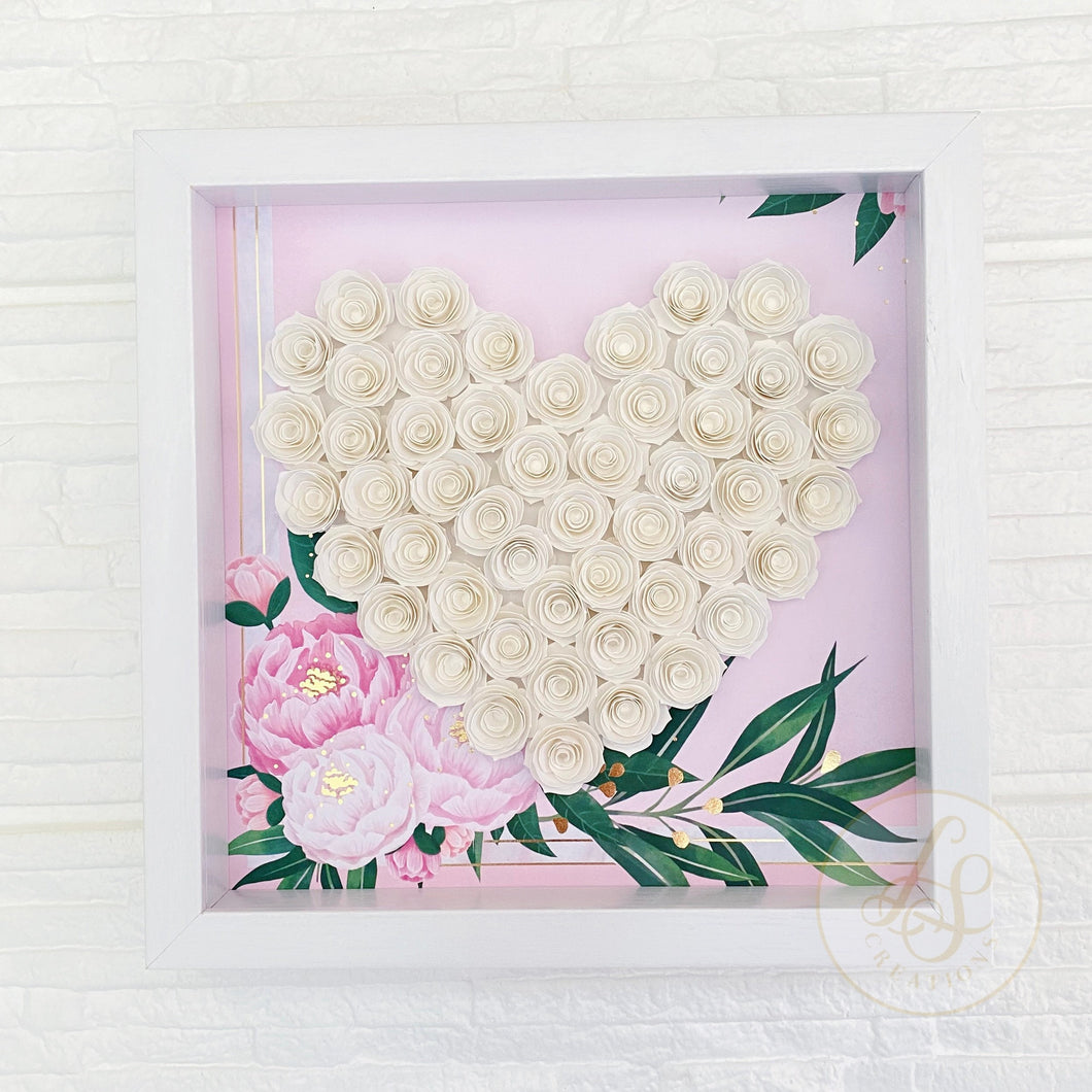 Personalized Elegant Heart Paper Flower Shadow Box - Wedding, Engagement, Mother’s Day gift -  10.5 x 10.5 frame